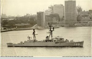 This photo of USS Durant the backdrop is Circular Quay